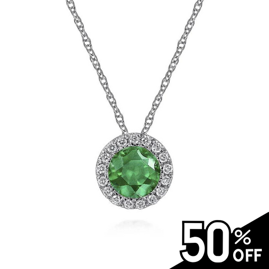 14K White Gold Emerald and Diamond Halo Pendant Necklace