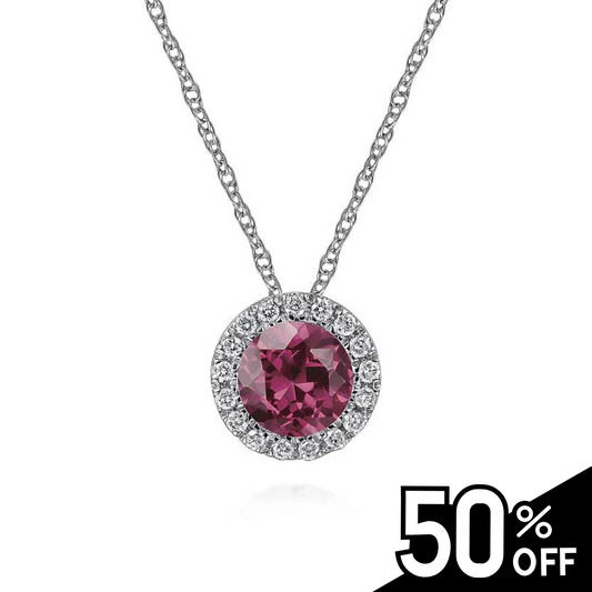 14K White Gold Pink Tourmaline and Diamond Halo Pendant Necklace