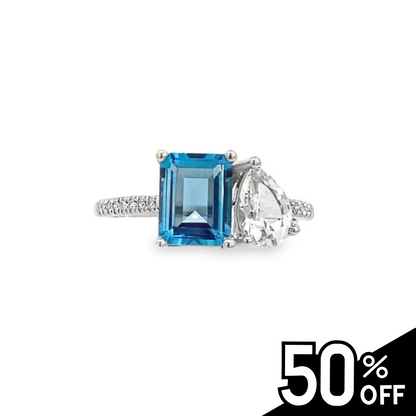 14K White Gold Two-Stone Blue and White Topaz Diamond Ring