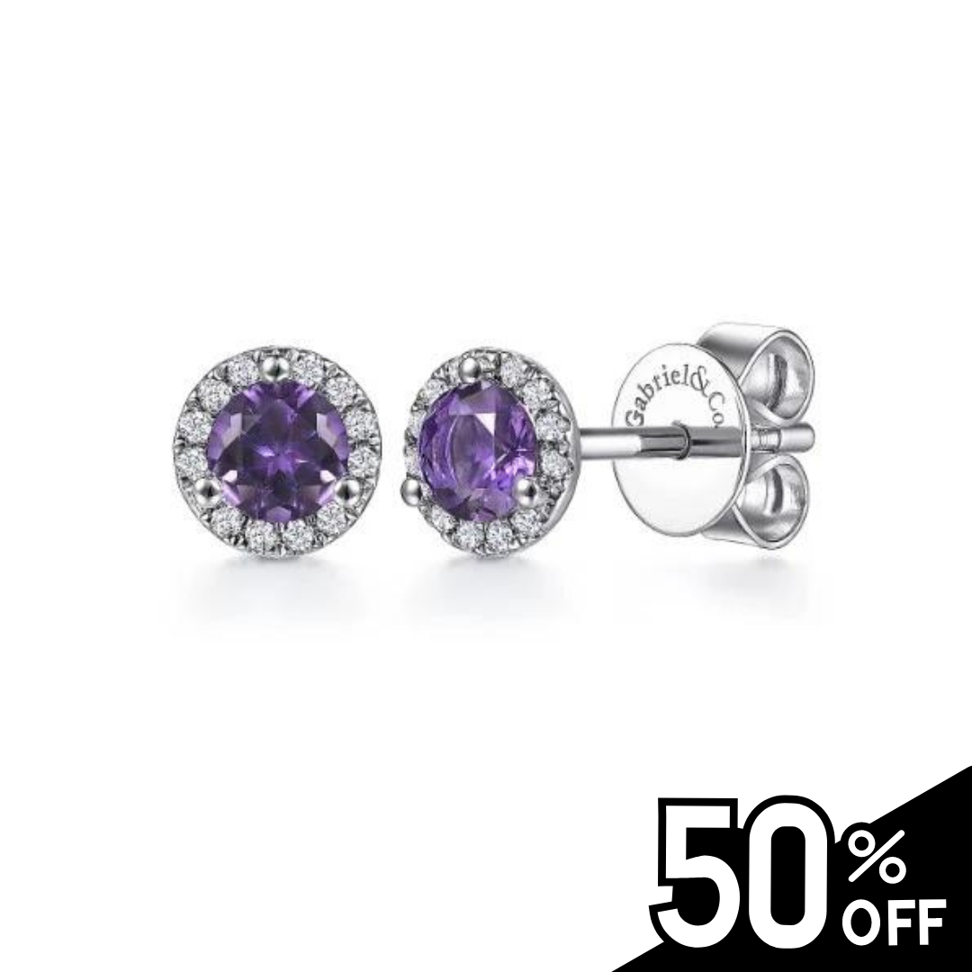 14K White Gold Amethyst and Diamond Halo Stud Earrings