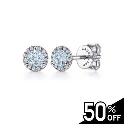 14K White Gold Halo Aquamarine and Diamond Stud Earrings