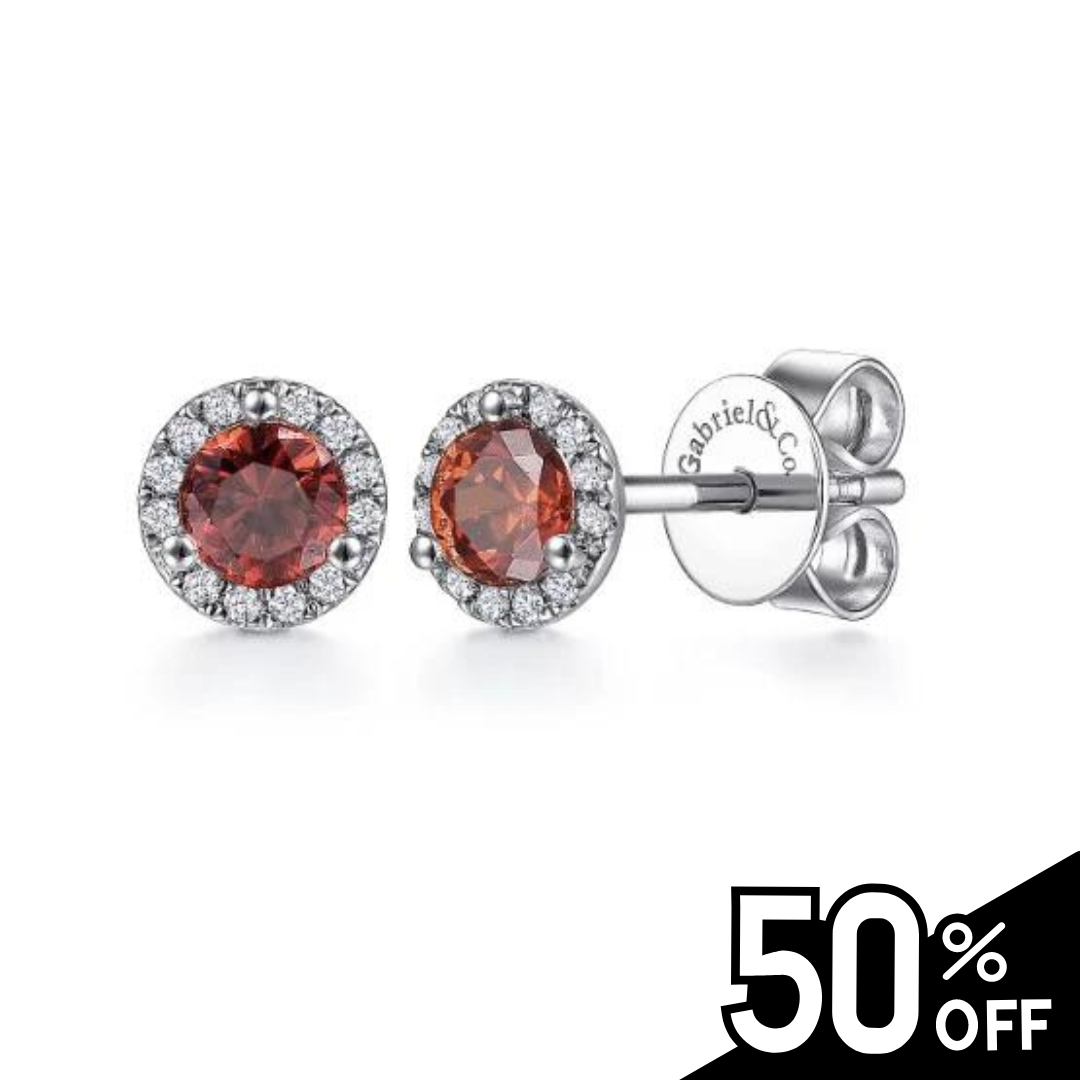 14K White Gold Halo Garnet and Diamond Stud Earrings