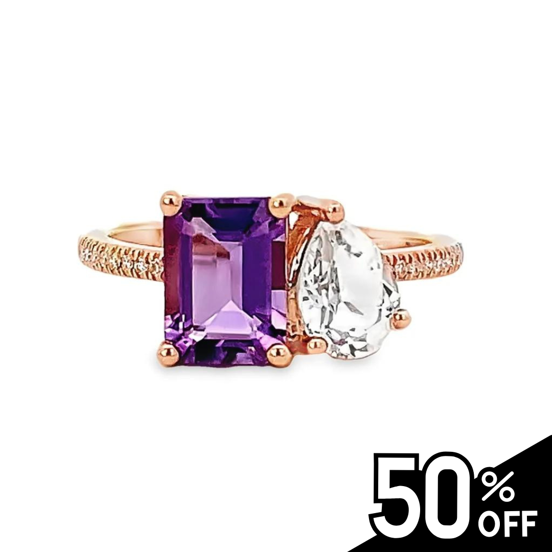 14K Rose Gold Two-Stone Amethyst and White Topaz Diamond Ring