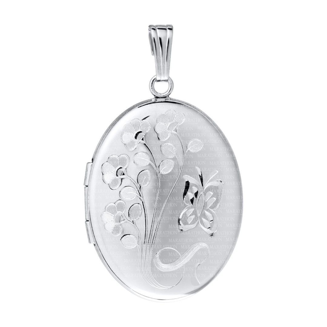 14K White Gold Hand-Engraved Oval Locket