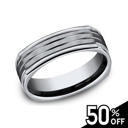 Brushed Grooved Center Square Titanium Ring with Polished Edges