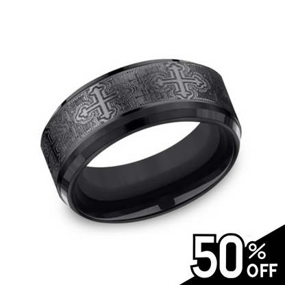 Black Titanium Comfort-Fit Cathedral Cross Design Wedding Band