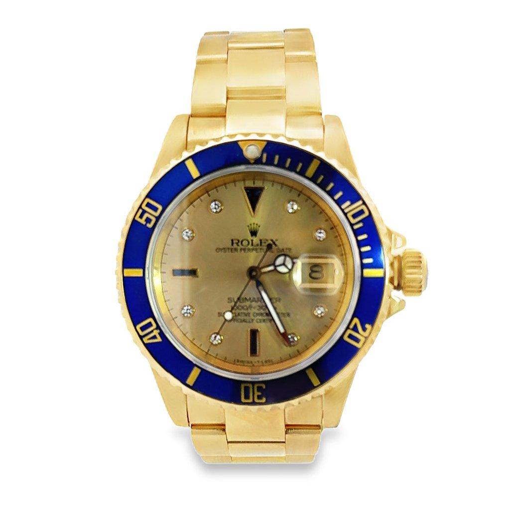 Kirkland Jewelry Estate | Rolex 18K Yellow Gold Sapphire and Diamond Dial Submariner 16618