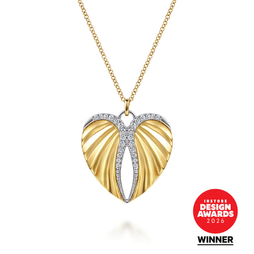 14K White and Yellow Gold Diamond Heart Angel Wing Pendant Necklace – Contemporary Collection (.18 CTW)