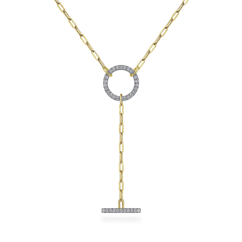 14K Yellow Gold Diamond Circle and Bar Y-Knot Necklace with Hollow Paperclip Chain