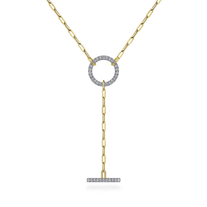 14K Yellow Gold Diamond Circle and Bar Y-Knot Necklace with Hollow Paperclip Chain