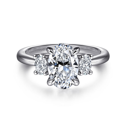 14K White Gold Oval Three Stone Diamond Engagement Ring