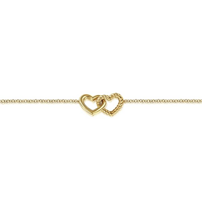 14K Yellow Gold Rope Entwined Hearts Chain Bracelet