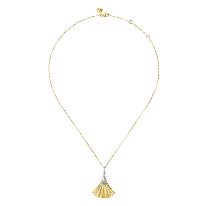 14K White and Yellow Gold Diamond and Diamond Cut Pendant Necklace