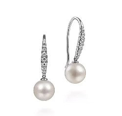 14K White Gold Diamond and Pearl Fish Wire Drop Earrings