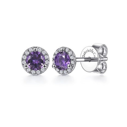 14K White Gold Amethyst and Diamond Halo Stud Earrings