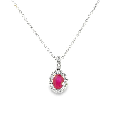 Diamond Halo and Ruby Pear Shaped Pendant Necklace