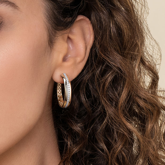 14K White and Yellow Gold Diamond Classic Hoop Earrings