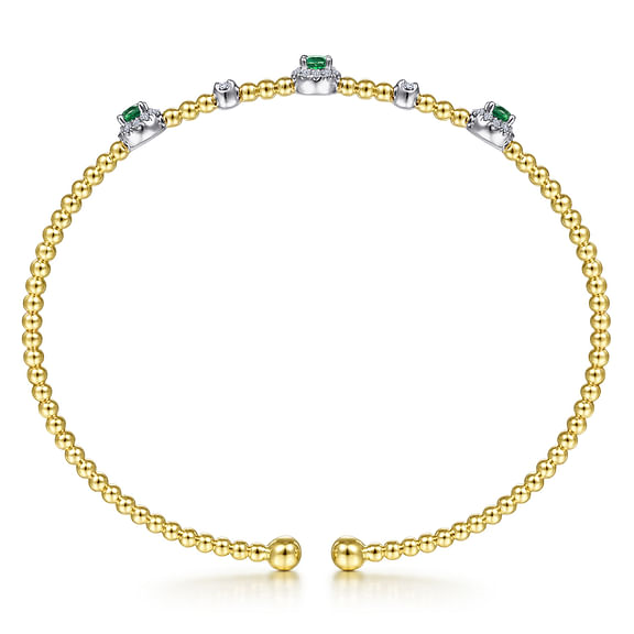 14K White-Yellow Gold Bujukan Bead Cuff Bracelet with Emerald and Diamond Halo Stations