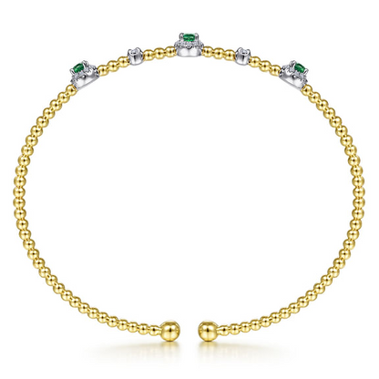 14K White-Yellow Gold Bujukan Bead Cuff Bracelet with Emerald and Diamond Halo Stations