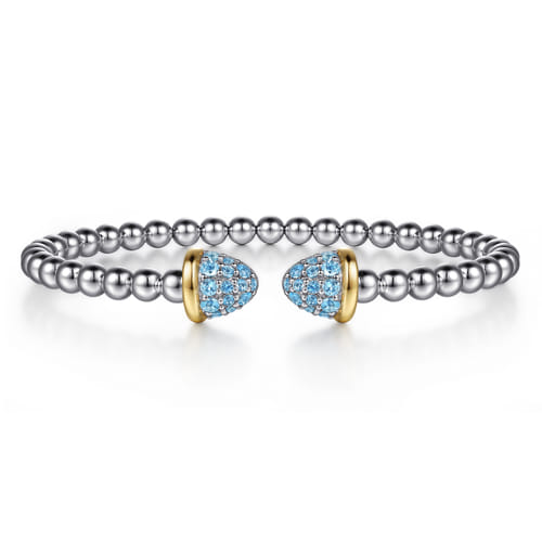 14K Yellow Gold and Sterling Silver Bujukan Pavé Blue Topaz Bullet Split Bangle Bracelet