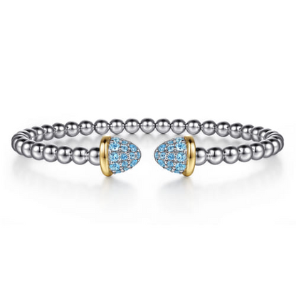 14K Yellow Gold and Sterling Silver Bujukan Pavé Blue Topaz Bullet Split Bangle Bracelet