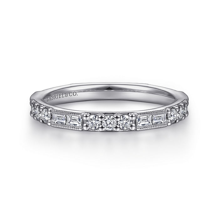 14K White Gold Baguette and Round Diamond Stackable Ring