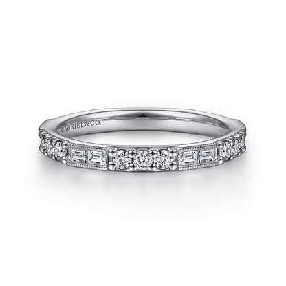 14K White Gold Baguette and Round Diamond Stackable Ring