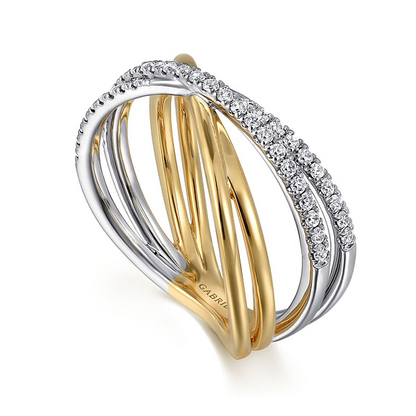 14K White and Yellow Gold Diamond Criss Cross Ladies Ring