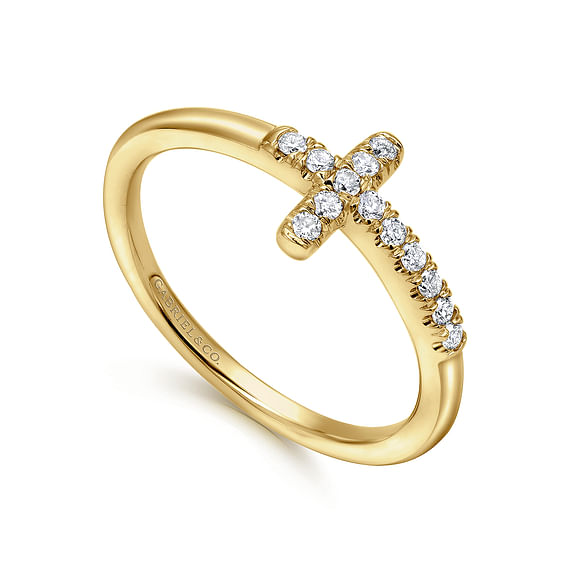 14K Yellow Gold Sideways Diamond Cross Ring