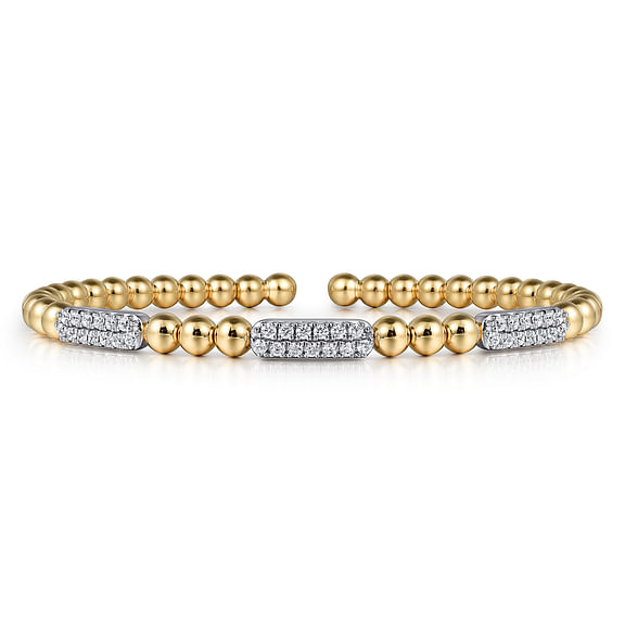 14K White and Yellow Gold Diamond Pave Three Station Bar Bujukan Beads Split Bangle Bracelet