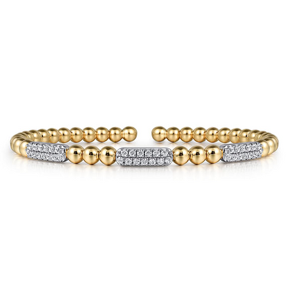 14K White and Yellow Gold Diamond Pave Three Station Bar Bujukan Beads Split Bangle Bracelet