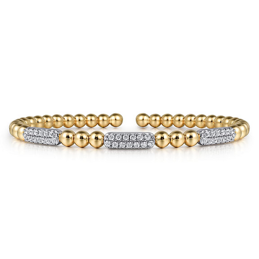 14K White and Yellow Gold Diamond Pave Three Station Bar Bujukan Beads Split Bangle Bracelet