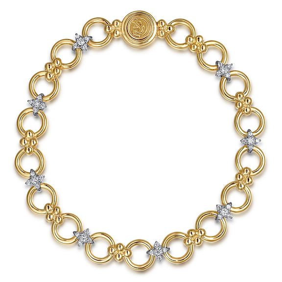 14K White Yellow Gold Bujukan Diamond and Hollow Link Chain Bracelet - 0.51 Carats