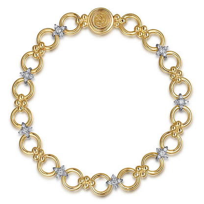 14K White Yellow Gold Bujukan Diamond and Hollow Link Chain Bracelet - 0.51 Carats