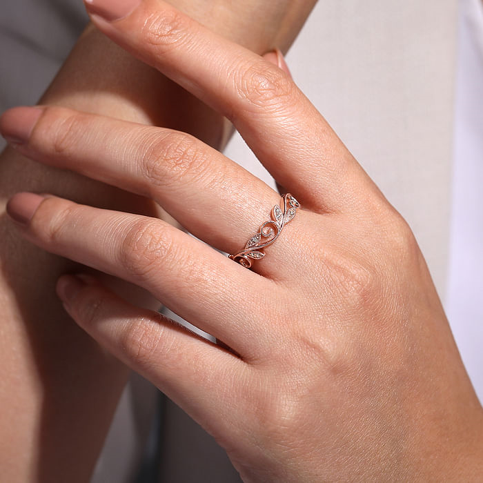 14K Rose Gold Scrolling Floral Diamond Stackable Ring