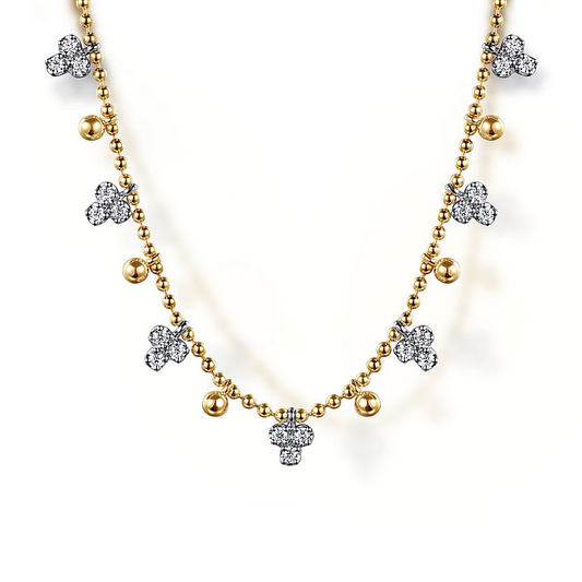 14K White Yellow Gold Bujukan Beads and Diamond Droplet Necklace