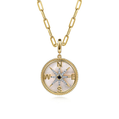 14K Yellow Gold Diamond and Blue Sapphire Compass Pendant