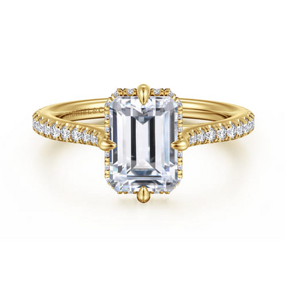 14K Yellow Gold Compass Prong Emerald Cut Diamond Engagement Ring (0.37 CTW Accent Diamonds)