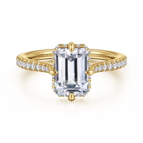 14K Yellow Gold Compass Prong Emerald Cut Diamond Engagement Ring (0.37 CTW Accent Diamonds)