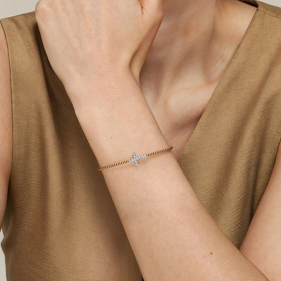 14K White and Yellow Gold Bijukan and Diamond Cross Split Bangle Bracelet