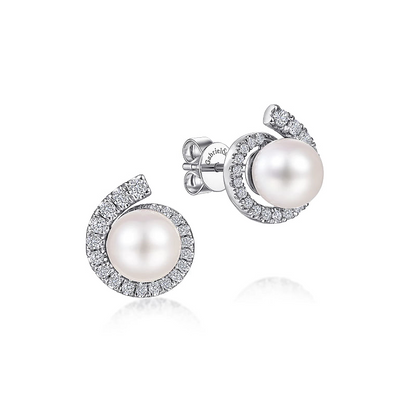Gabriel & Co | 14K White Gold Pearl Stud Earrings with Diamond Halo