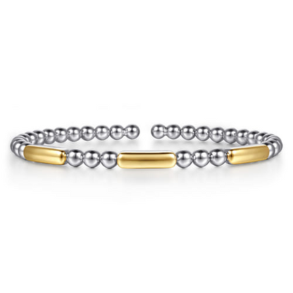14K Yellow Gold and Sterling Silver Three Station Bar Bujukan Bangle Bracelet