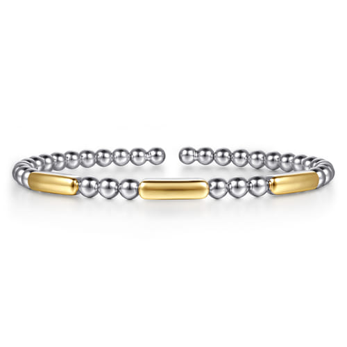 14K Yellow Gold and Sterling Silver Three Station Bar Bujukan Bangle Bracelet