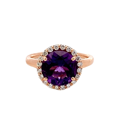 14K Rose Gold Amethyst and Diamond Halo Ring