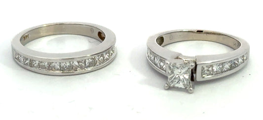 14K White Gold Princess Cut Diamond Engagement Ring Set (Approx. 1.00 CTW)