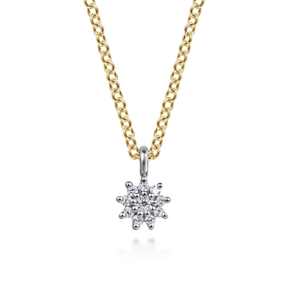 14K White and Yellow Gold Diamond Flower Pendant Necklace