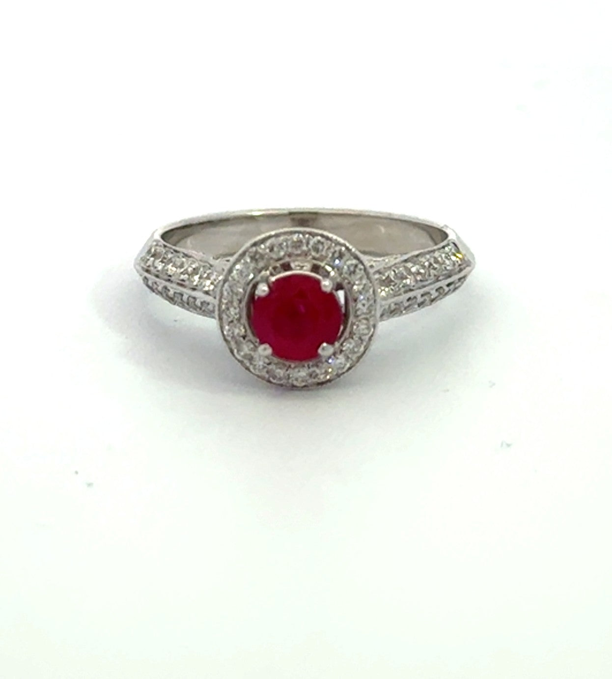 Kirkland Jewelry Estate - 18K White Gold Burma Ruby and Diamond Ring by Stern International (.71 CT Ruby / .64 CTW Diamonds)