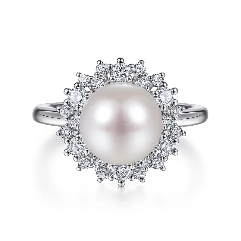 14K White Gold Round Pearl and Diamond Halo Ring