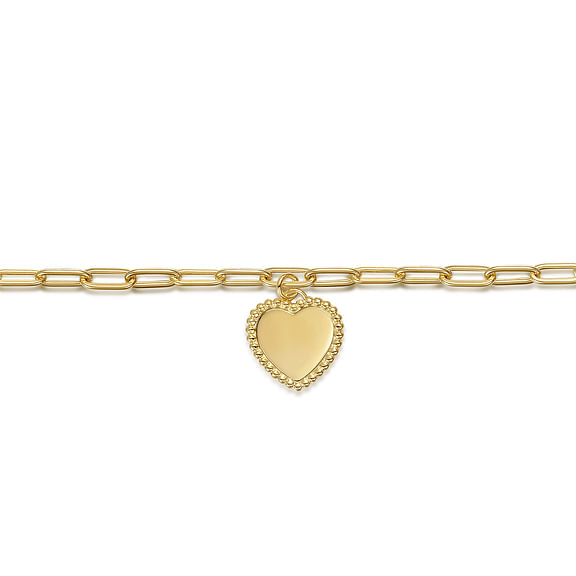 14K Yellow Plain Gold Paperclip Bracelet with Personalizable Bujukan Heart Charm