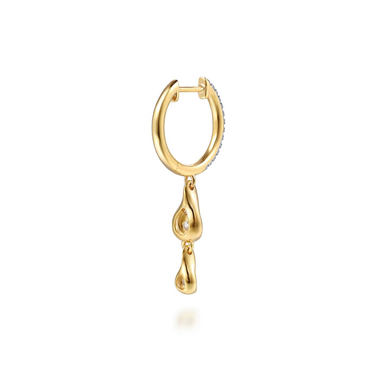 14K White and Yellow Gold Diamond Huggie Drop Earrings